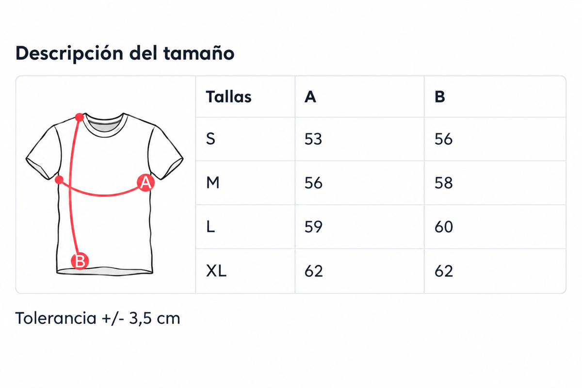 Tabla de medidas de la camiseta Casiopea, tallas S, M, L y XL, con tolerancia de 3,5 centímetros