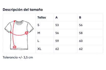 Tabla de medidas de la camiseta Casiopea, tallas S, M, L y XL, con tolerancia de 3,5 centímetros